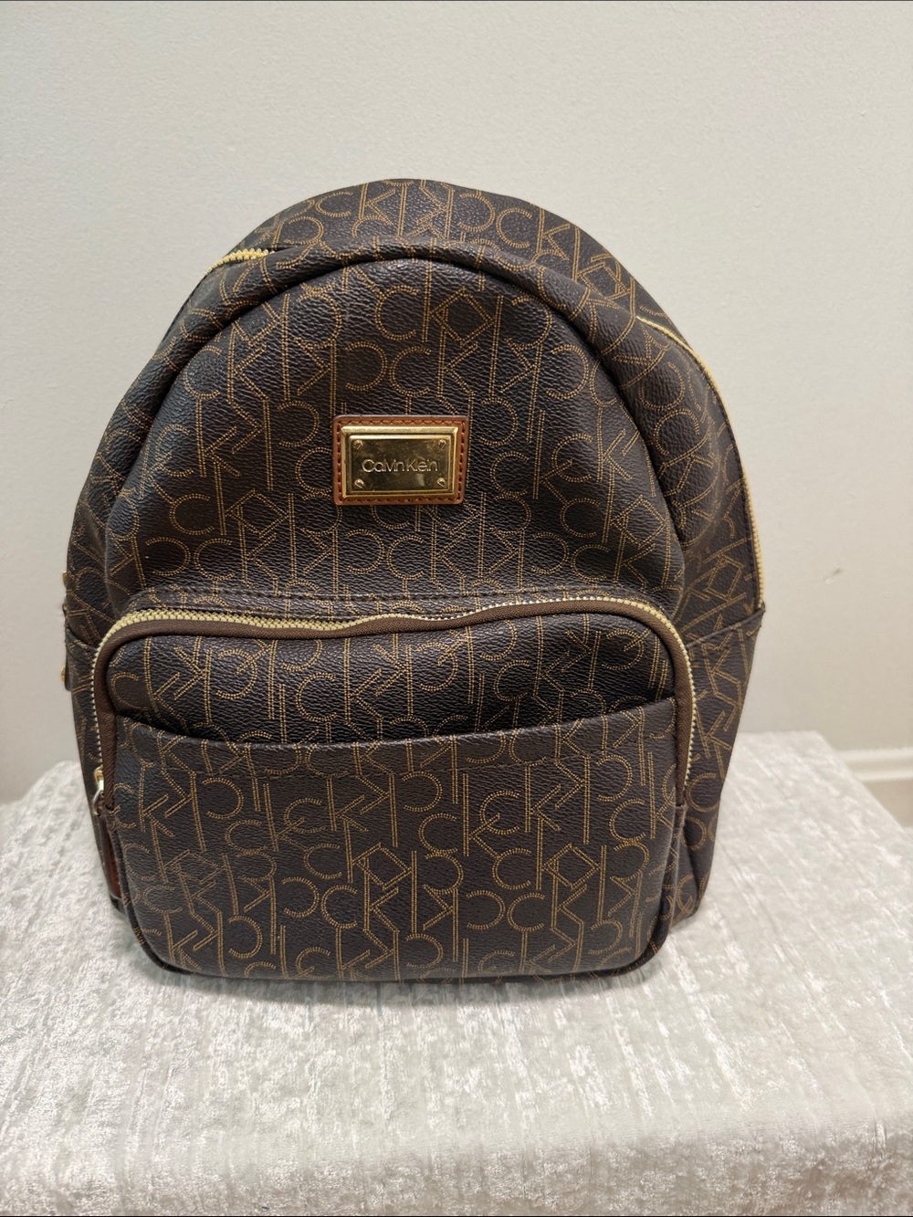 Calvin Klein Brown Monogram Logo Mini Backpack with Gold Hardware